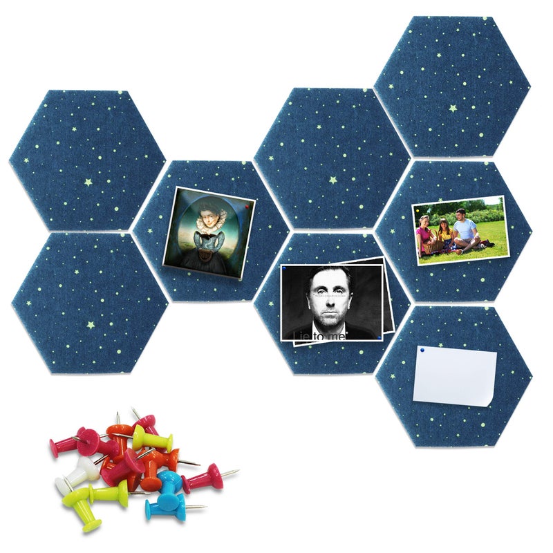 Fovasen Hexagon Felt Board Tiles - Self Adhesive Wall Memo Notice Pin Board Tiles with Push Pins - Star 8 Pcs - Image 1